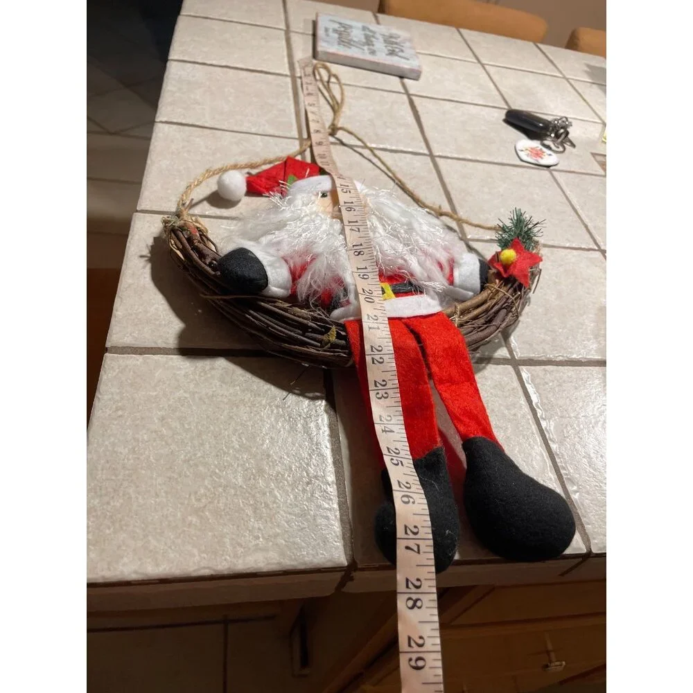 Santa Claus Hanging Wreath Decoration With Plush Santa & Woven Basket